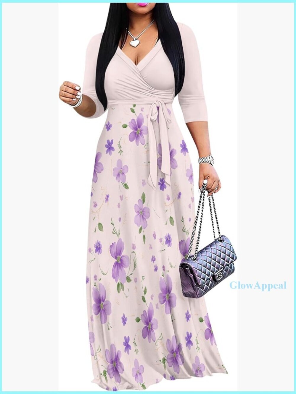 Plus Size Maxi Dress 3/4 Sleeve V Neck Wrap Casual Flowy Long